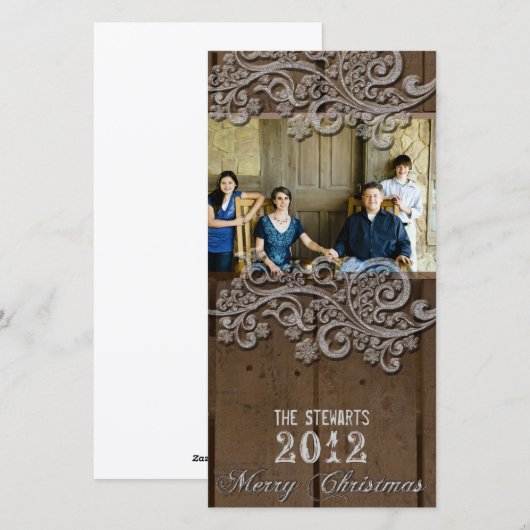 Bruine Houten Zilveren Landelijke Foto Kerstkaart (Voorkant / Achterkant)