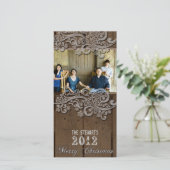 Bruine Houten Zilveren Landelijke Foto Kerstkaart (Staand voorkant)