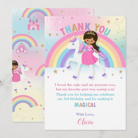 Bruine huid Prinses en Regenboog Eenhoorn Verjaard Bedankkaart (Voorkant / Achterkant)