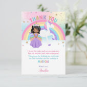 Bruine huid Prinses en Regenboog Eenhoorn Verjaard Bedankkaart (Staand voorkant)