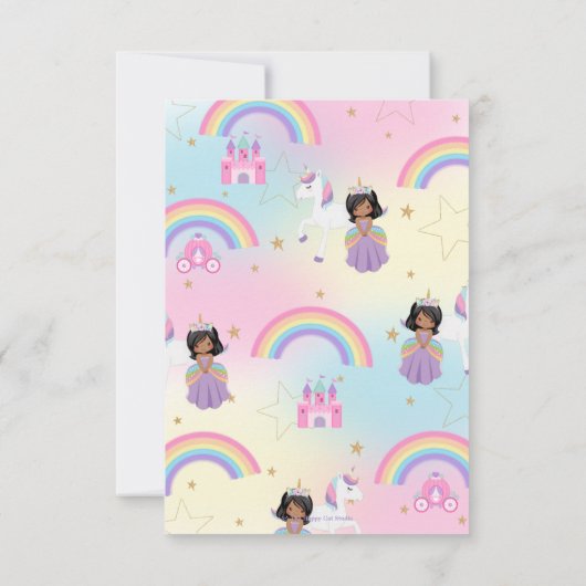 Bruine huid Prinses en Regenboog Eenhoorn Verjaard Bedankkaart (Achterkant)