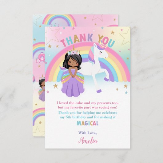 Bruine huid Prinses en Regenboog Eenhoorn Verjaard Bedankkaart (Voorkant / Achterkant)