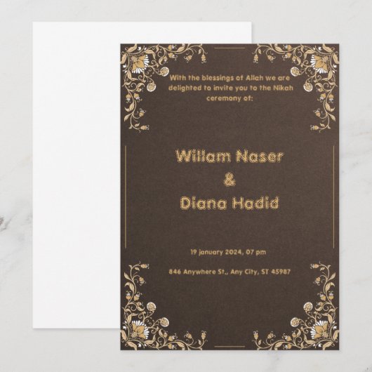 Bruine huwelijksuitnodiging met  bloemen kaart (Voorkant / Achterkant)