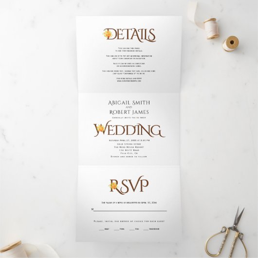 Bruine initialen ampersand oranje rozen herfst bru drieluik uitnodiging (Binnen)