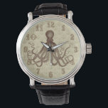 bruine inktvis met ankers horloge<br><div class="desc">Deze prachtige antiek octopustekening* uit de 19e eeuw is bruin verkleurd en geplaatst op een lichtbruine - beige, verdrietige / grunge achtergrond met een zwak ankerpatroon. Het resultaat is een origineel horloge dat past bij uw nautische en strand thema of steampunk mode. De volgnummers worden uitgevoerd in een fancy, Victoriaans...</div>