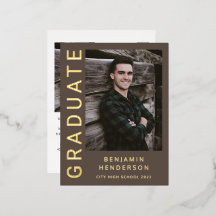 Bruine Jongen Foto Goud Folie Afstudeer Uitnodigin