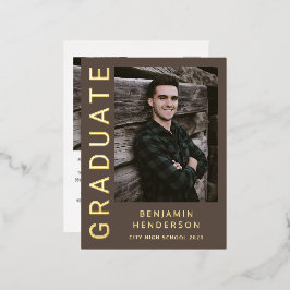 Bruine Jongen Foto Goud Folie Afstudeer Uitnodigin Uitnodiging Briefkaart