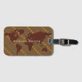 Bruine kaart van de wereld, vliegtuigreizen gepers bagagelabel (Voorkant (horizontaal))