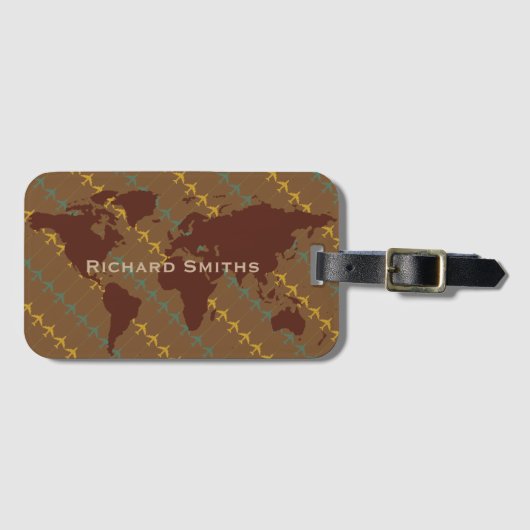 Bruine kaart van de wereld, vliegtuigreizen gepers bagagelabel (Voorkant (horizontaal))