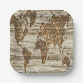 Bruine kaart van de werelddruk papieren bordje