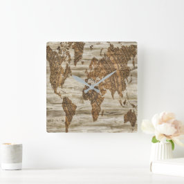 Bruine kaart van de werelddruk vierkante klok