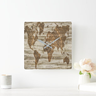 Bruine kaart van de werelddruk vierkante klok