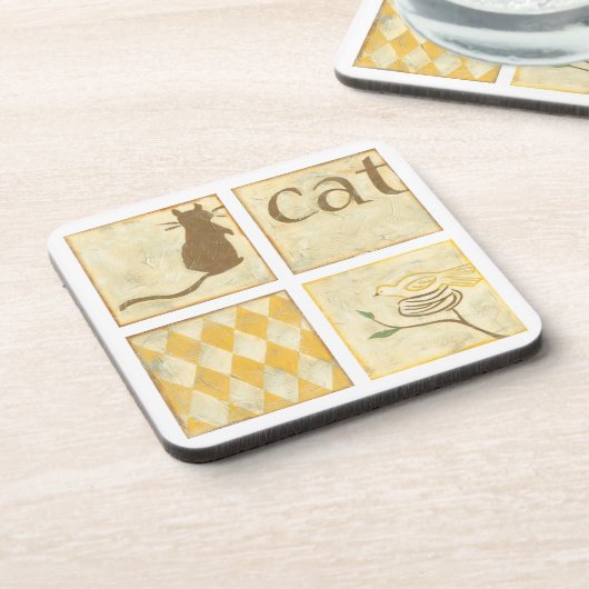 Bruine kat en gele vogel van Chariklia Zarris Drankjes Onderzetter (Linkerzijde)