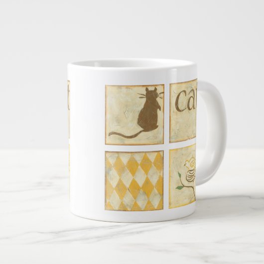 Bruine kat en gele vogel van Chariklia Zarris Grote Koffiekop (Voorkant rechts)