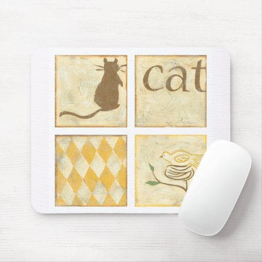 Bruine kat en gele vogel van Chariklia Zarris Muismat (Met muis)