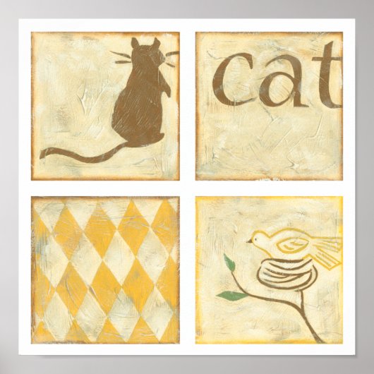 Bruine kat en gele vogel van Chariklia Zarris Poster (Voorkant)