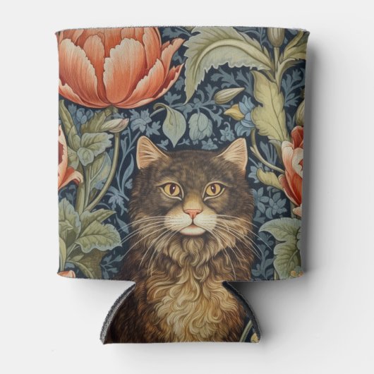 Bruine kat en pioen bloemen art nouveau blikjeskoeler (Voorkant)