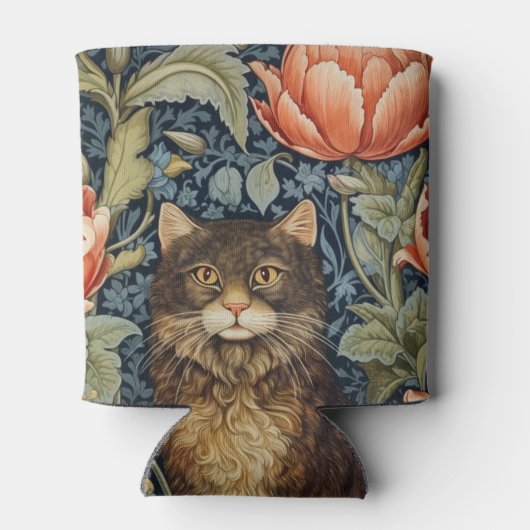 Bruine kat en pioen bloemen art nouveau blikjeskoeler (Achterkant)