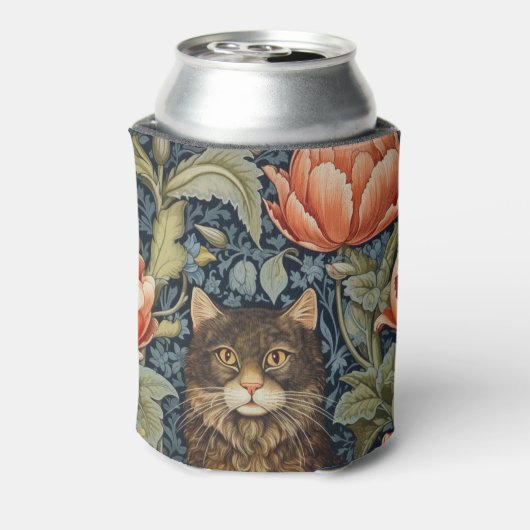 Bruine kat en pioen bloemen art nouveau blikjeskoeler (Blikje Achterkant)