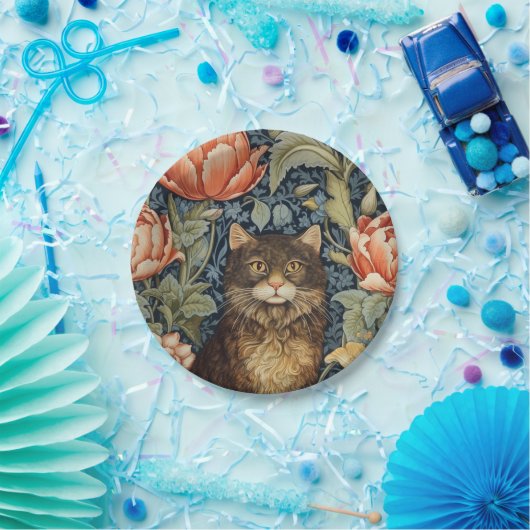 Bruine kat en pioen bloemen art nouveau papieren bordje (Feest)