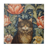 Bruine kat en pioen bloemen art nouveau tegeltje (Voorkant)