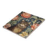 Bruine kat en pioen bloemen art nouveau tegeltje (Zijkant)