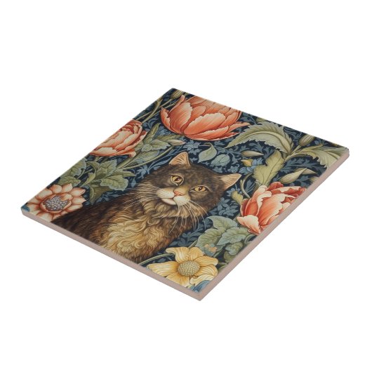 Bruine kat en pioen bloemen art nouveau tegeltje (Zijkant)