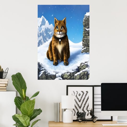 Bruine kat in de sneeuw | AI Art Poster (Thuiskantoor)