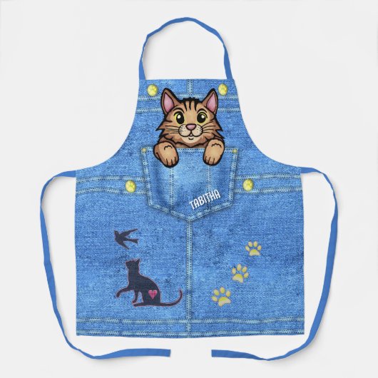 Bruine kat in Faux Denim Pocket met aangepaste naa Schort (Voorkant)