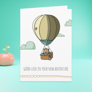 Bruine kat in hot-ballon - Good Luck Farewell Card Kaart
