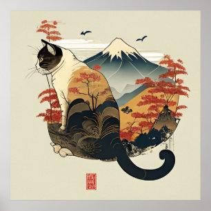 Bruine kat met de berg Fuji Poster