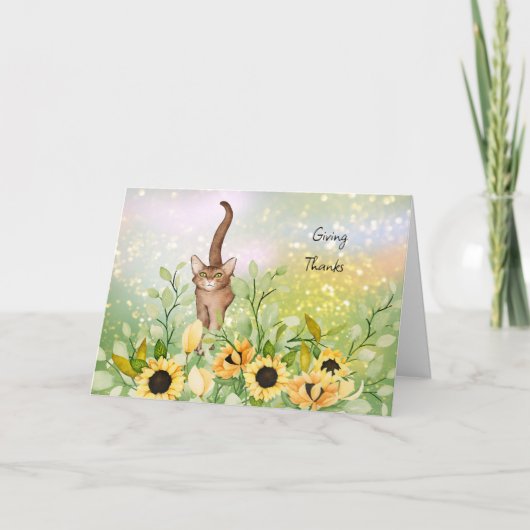 Bruine kat met zonnebloemen Thanksgiving Bedankkaart (Voorkant)