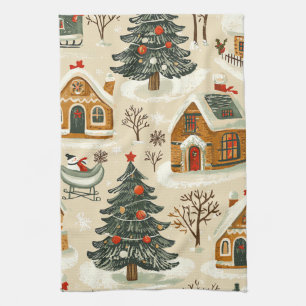 Bruine Kerst Village Beige van Gemberkoek Theedoek