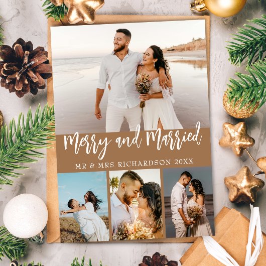 Bruine Kerstkaart Merry & Married 4 Foto Collage