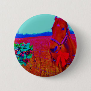 Bruine kerstkleurige paarden: naam toevoegen ronde button 5,7 cm