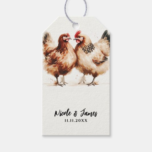 Bruine Kippen Aquarel Rustieke Bruiloft Cadeaulabel (Voorkant)