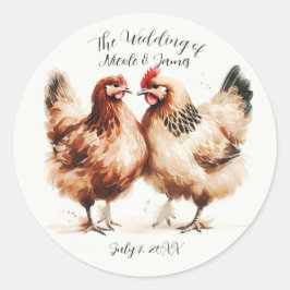 Bruine Kippen Aquarel Rustieke Bruiloft Ronde Sticker