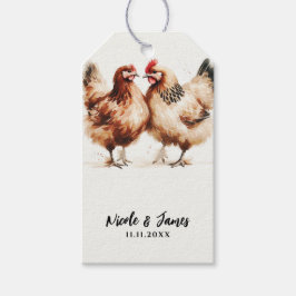 Bruine Kippen Aquarel Rustieke Trouwdag Cadeaulabel