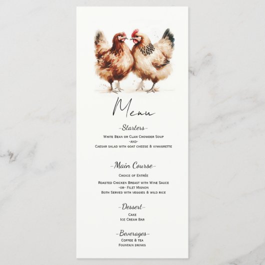 Bruine Kippen Waterverf Country Wedding Menu (Voorkant)