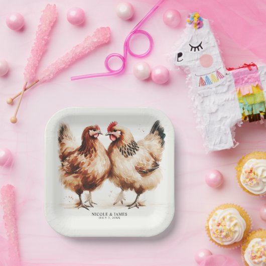Bruine kippen Waterverf rustieke bruiloft Papieren Bordje (Feest)