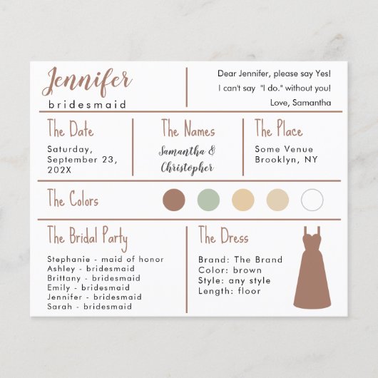 Bruine Kleding Kleur Bruidsmeisje Informatie Kaart (Voorkant)