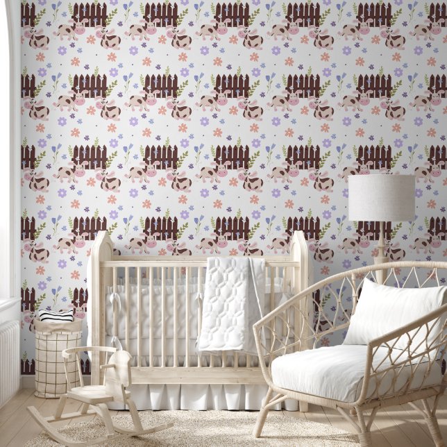 Bruine Koe en Omheining Behang (Kinderen)