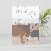 Bruine Koe en vogels land plat dank u kaart (Staand voorkant)
