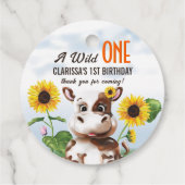 Bruine Koe Zonnebloem Meisje Eerste Verjaardag Bedankjes Labels (Achterkant)