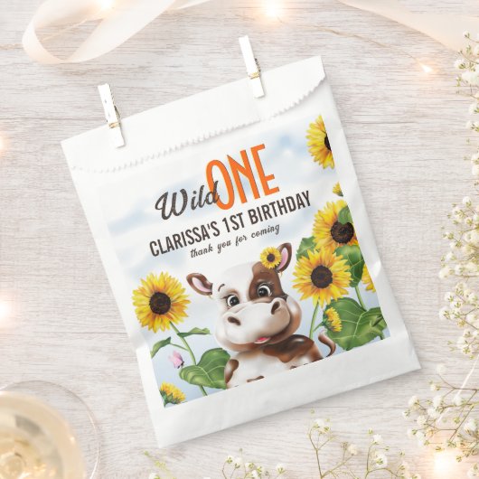 Bruine Koe Zonnebloem Meisje Eerste Verjaardag Bedankzakje (Geknipt)