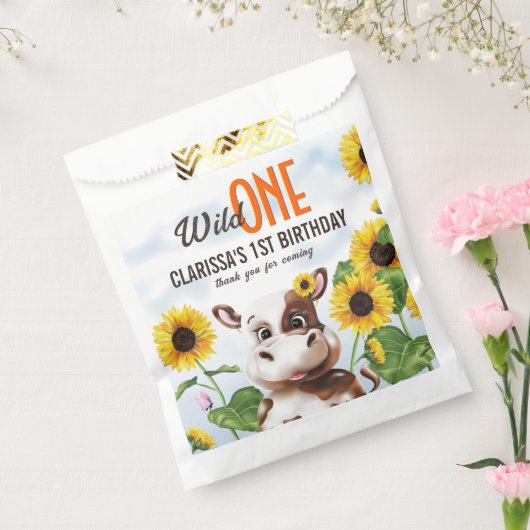 Bruine Koe Zonnebloem Meisje Eerste Verjaardag Bedankzakje (Gezegeld)