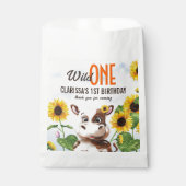 Bruine Koe Zonnebloem Meisje Eerste Verjaardag Bedankzakje (Voorkant)