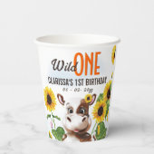 Bruine Koe Zonnebloem Meisje Eerste Verjaardag Papieren Bekers (Achterkant)