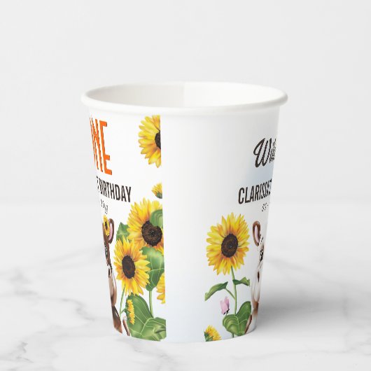 Bruine Koe Zonnebloem Meisje Eerste Verjaardag Papieren Bekers (Links)