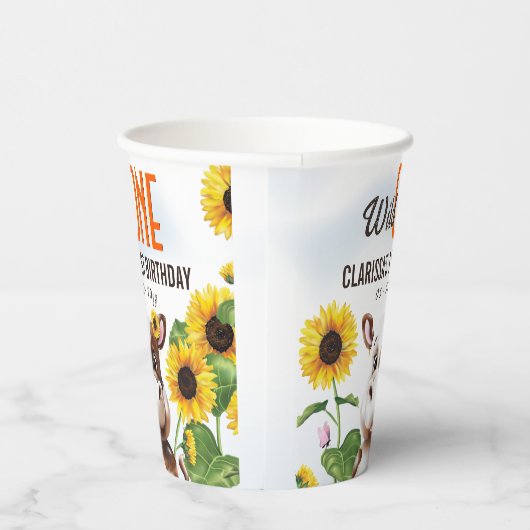 Bruine Koe Zonnebloem Meisje Eerste Verjaardag Papieren Bekers (Rechts)